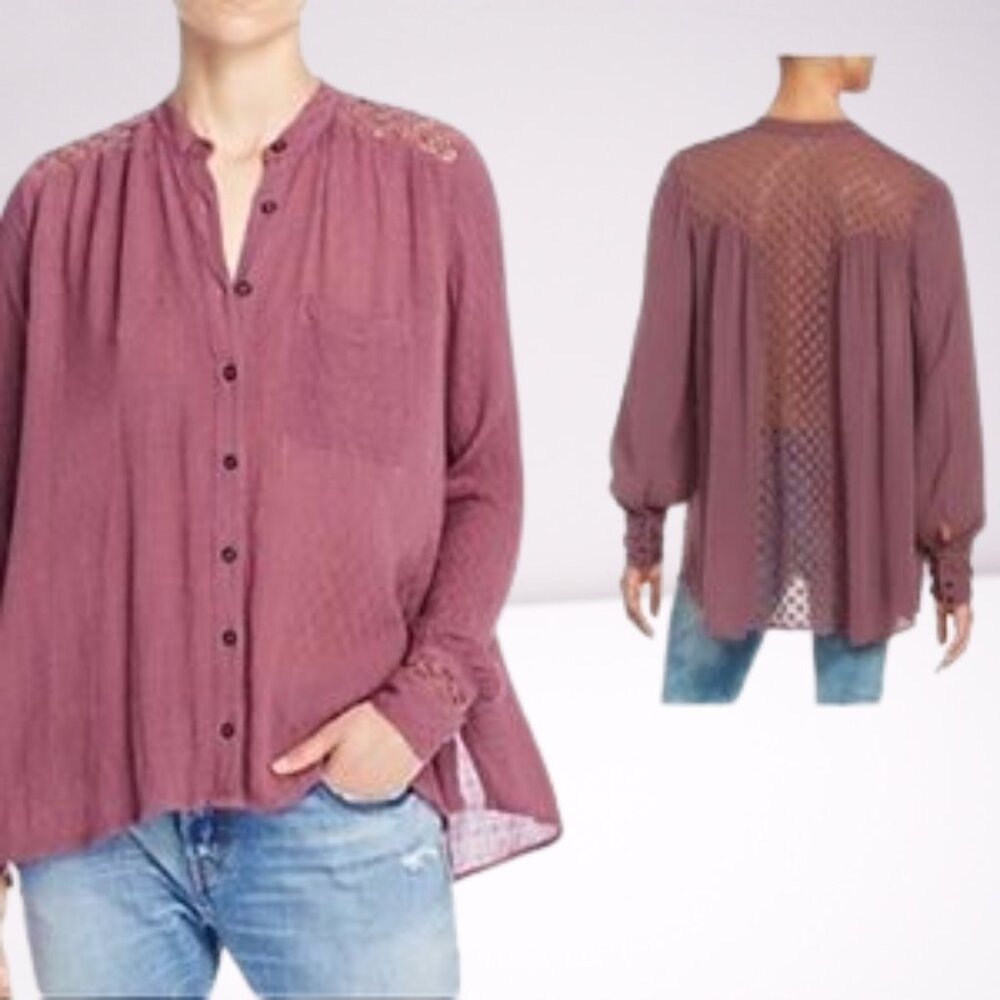 Free People The Best Blouse Oversized Crinkle Crochet Lace Back Size M in Plum